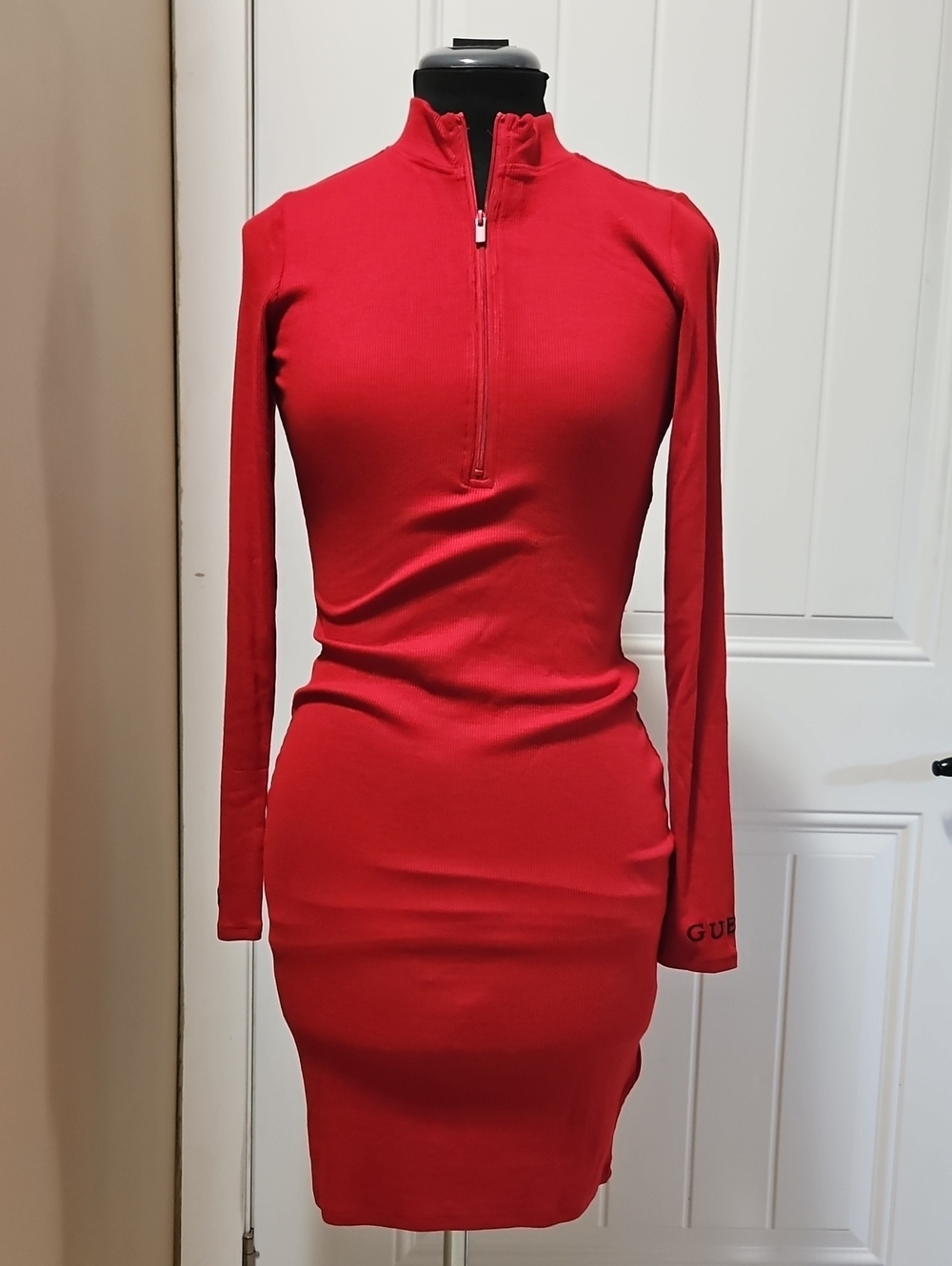 GUESS Red Ribbed Knit Mock Turtleneck Bodycon Dress M